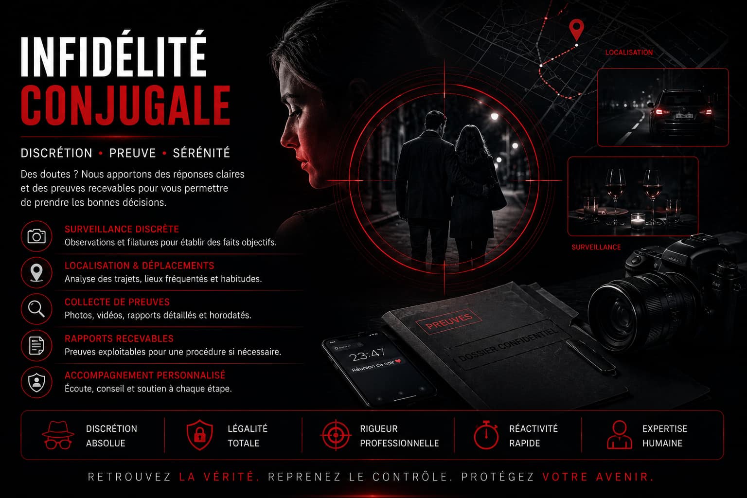 Infidélité conjugale – enquête privée, surveillance discrète et collecte de preuves fiables