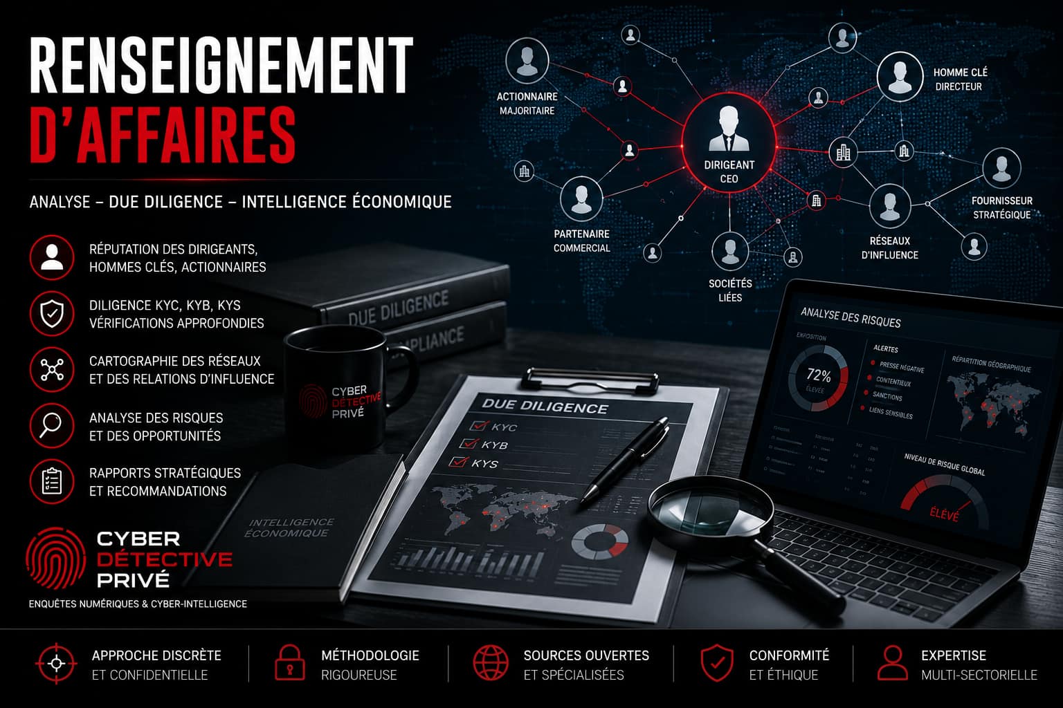 Renseignement d’affaires et due diligence – analyse KYC, cartographie relationnelle et réputation des dirigeants